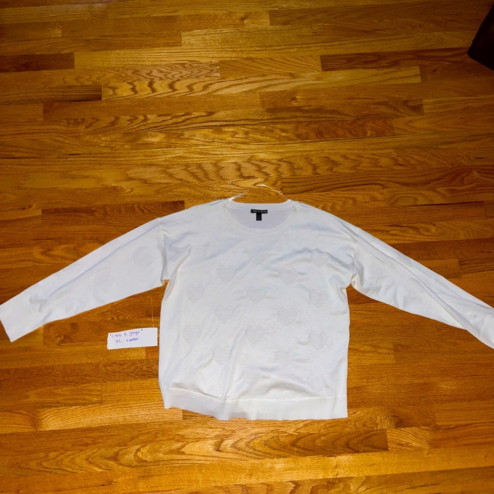 CABLE & GAUGE Womens Sweater Size XL Snow White Pullover Heart Knit
